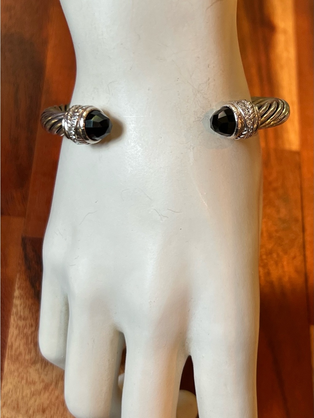David Yurman 7mm Sterling Silver Onyx & Diamond Crossover Cuff Bracelet Size Med